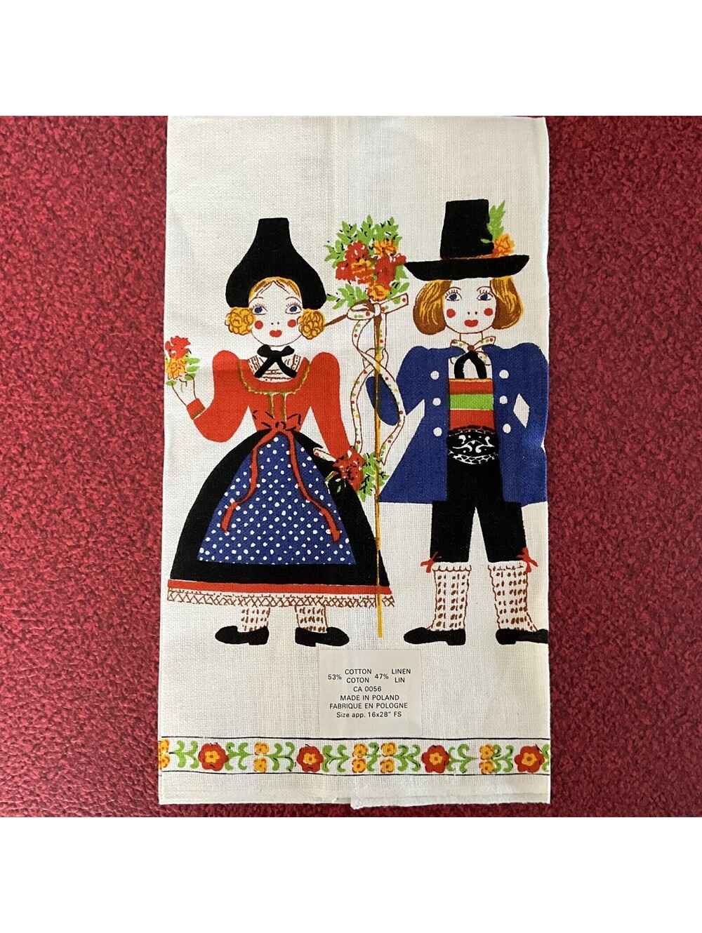 Vintage Linen Folk Art Kitchen Tea Towel Courting Couple Made in Poland 16x28